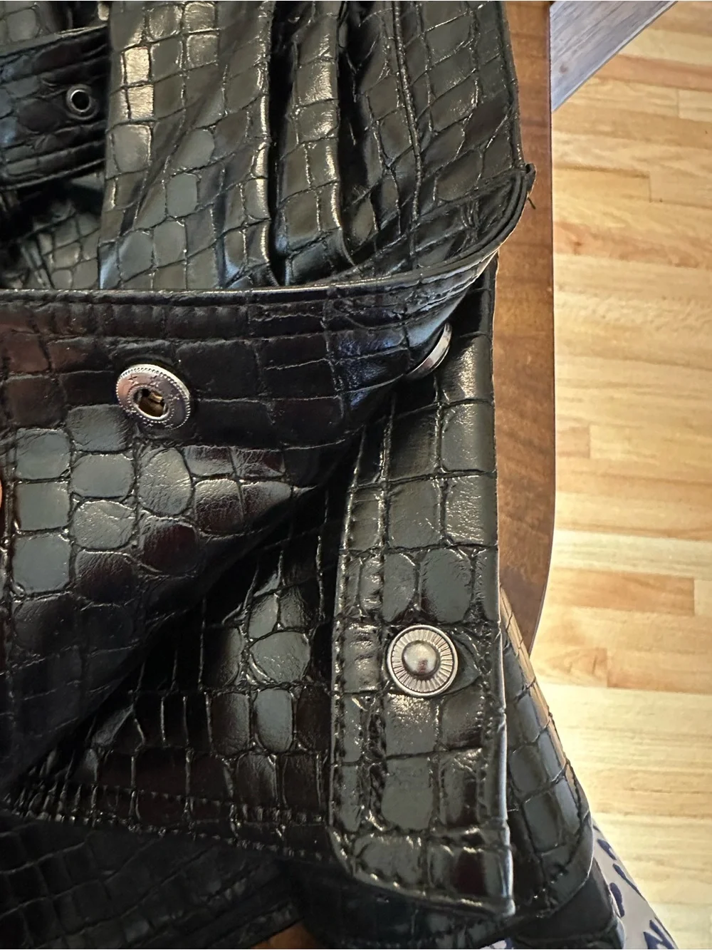 ZARA Black Faux Leather Croc Embossed Shirt Belted Jacket NWT